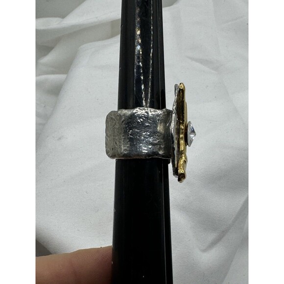 Vintage J. Jansen Gold Silver Tone Hammered Crystal Cocktail Ring Size 6.5 - Picture 5 of 12